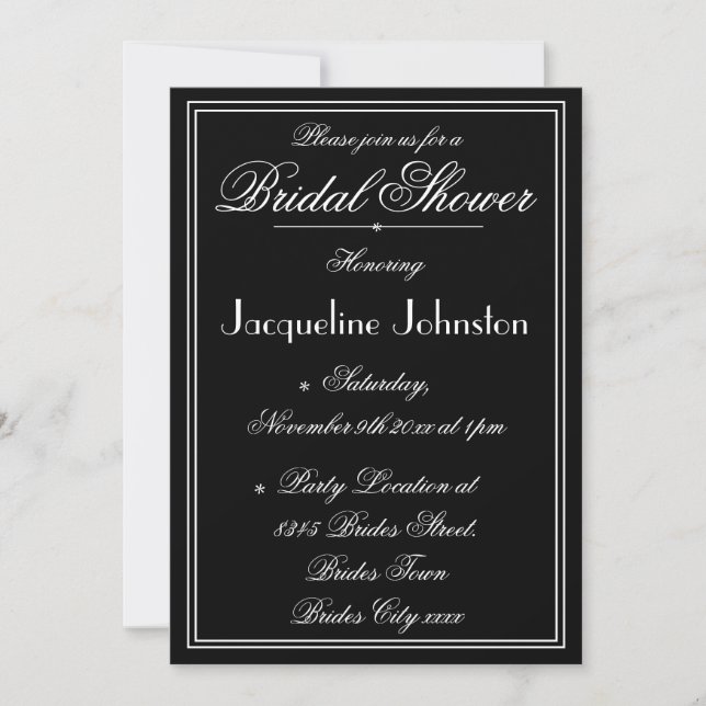 Simple Elegant Black & White Script Bridal Shower Invitation (Front)