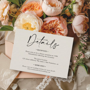 Simple elegant black white script details wedding enclosure card