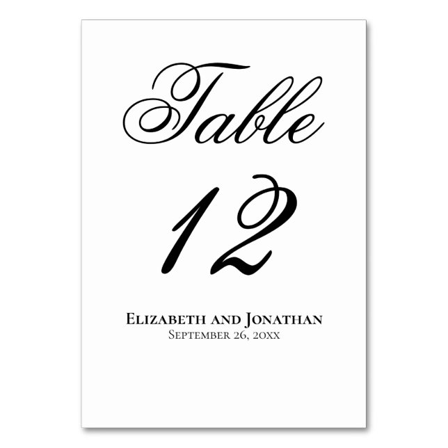 Simple Elegant Black & White Script Wedding Table Number (Front)