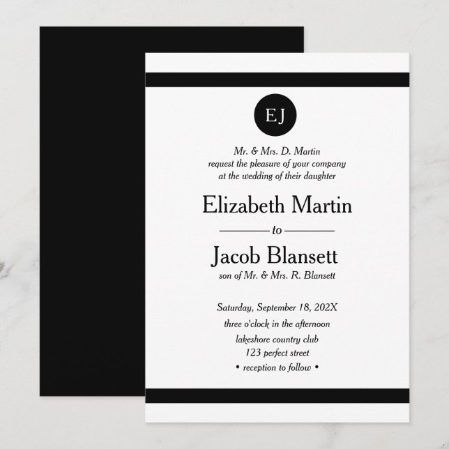 Simple Elegant Black & White Wedding Invitation (Front/Back)