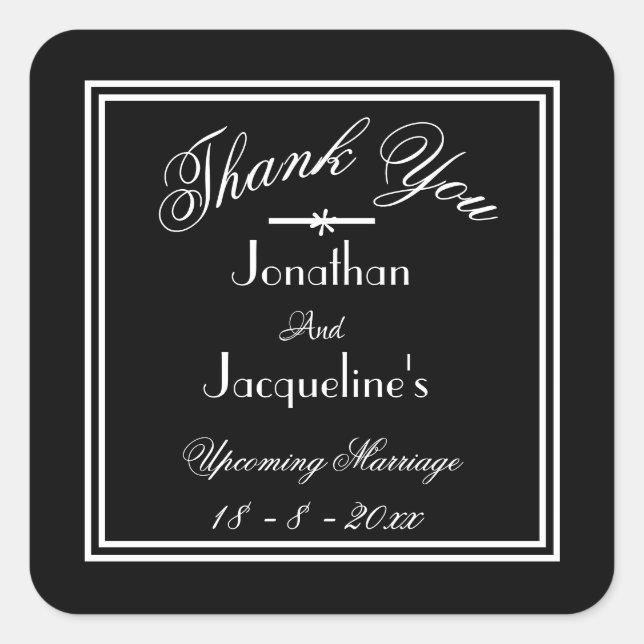 Simple Elegant Black with White Script Thank You Square Sticker (Front)