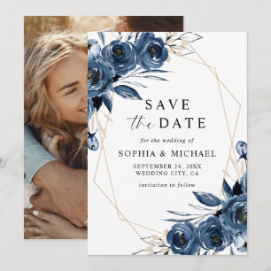 Simple Elegant Blue Floral Script & Photo Wedding Save The Date
