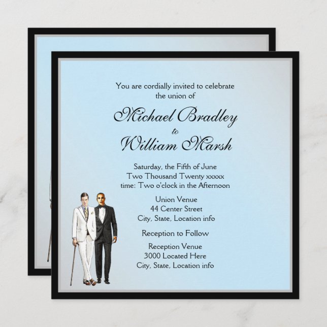 Simple Elegant Blue Gay Wedding Invite (Front/Back)
