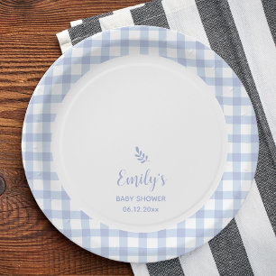 Simple Elegant Blue Gingham Plaid Boy Baby Shower Paper Plate
