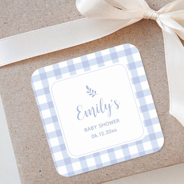 Simple Elegant Blue Gingham Plaid Boy Baby Shower Square Sticker (Creator Uploaded)