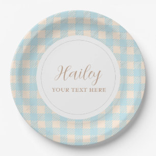 Simple elegant blue gingham plaid Party Paper Plate