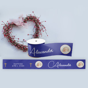 Simple Elegant Blue Gold Cross Photo Name Script Satin Ribbon