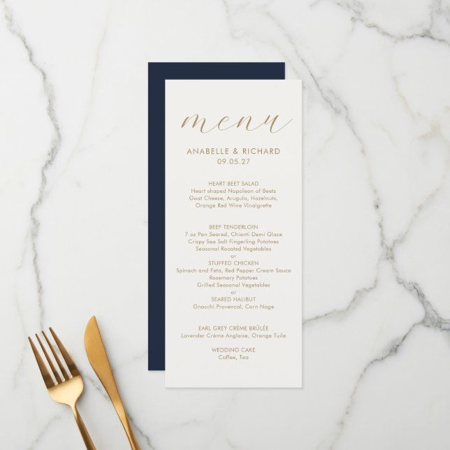 Simple Elegant Blue Gold Wedding Menu (Front/Back In Situ)