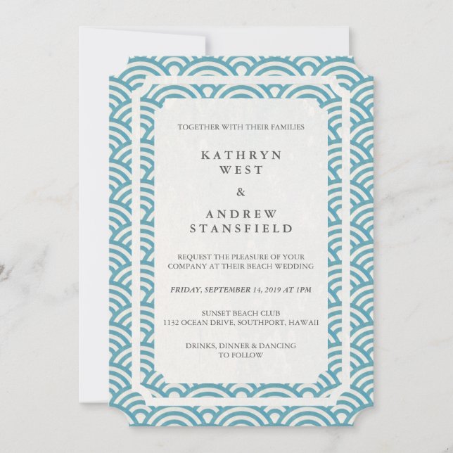 Simple Elegant Blue/Green + White Beach Wedding Invitation (Front)