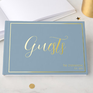 Simple Elegant Blue Grey Minimalist Gold Guest Book
