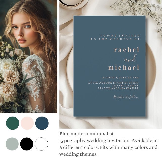 Simple, elegant, blue invitation (Green modern minimalist 
typography wedding invitation. Available in 6 different colors. )