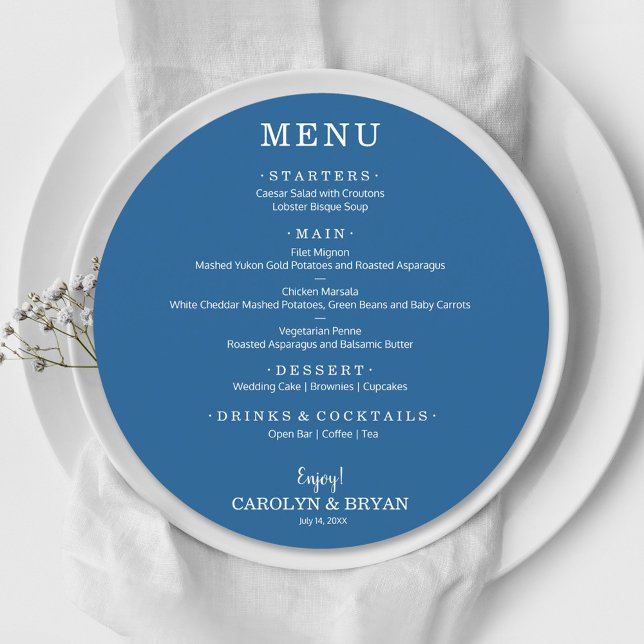 Simple Elegant Blue Round Wedding Dinner Menu (Creator Uploaded)