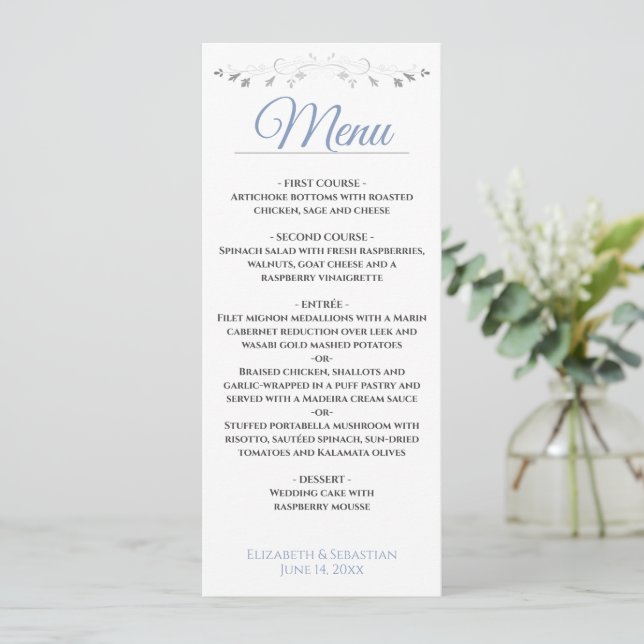 Simple Elegant Blue & Silver Lacy Filigree Wedding Menu (Standing Front)