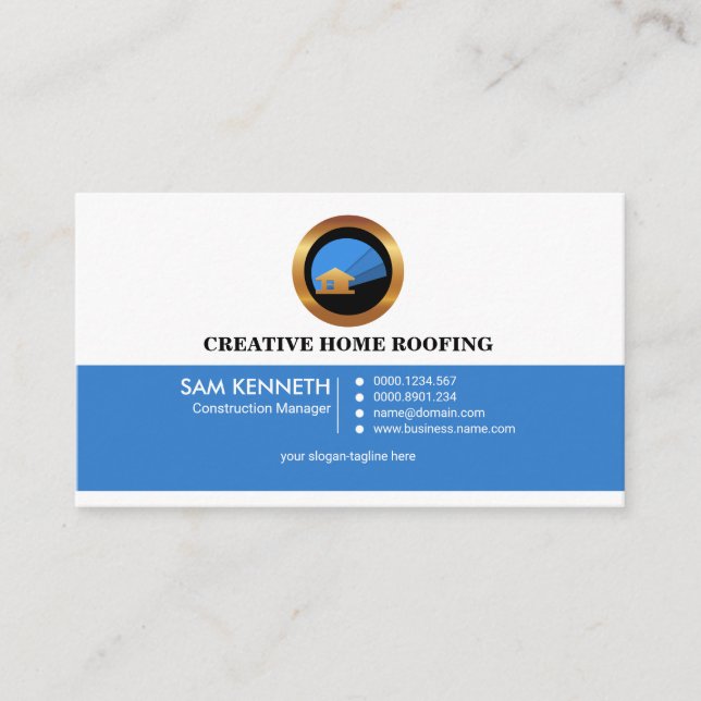 Simple Elegant Blue Stylish Retro Home Roofing Business Card (Front)