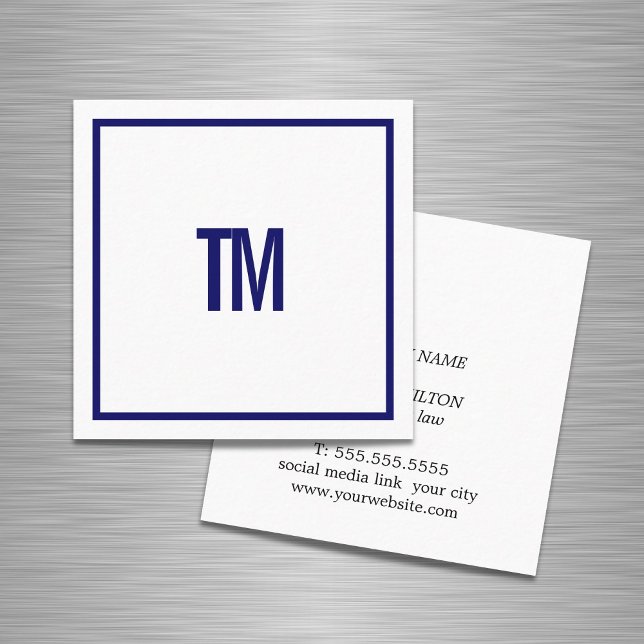 Simple Elegant Blue White Monogram Attorney Square Business Card (Creator Uploaded)