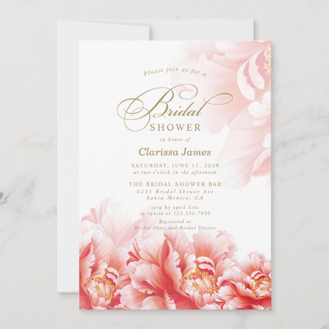 Simple Elegant Blush Floral Gold Bridal Shower Invitation (Front)