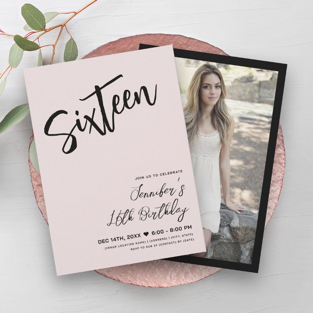 Simple Elegant Blush Pink Black Sweet 16 Script  Invitation (Simple Elegant Blush Pink Black Sweet 16 Script Invitation)