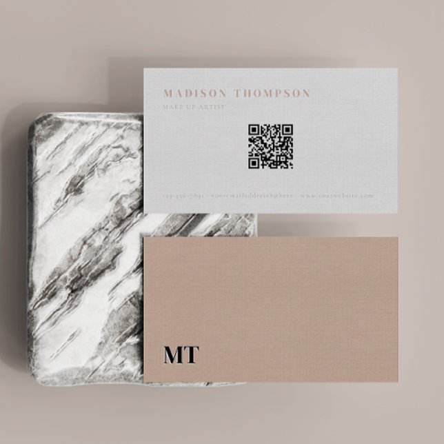 Simple Elegant Boho Beige Monogram QR Code Business Card (Creator Uploaded)