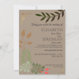 simple elegant boho floral botanical gold wedding invitation