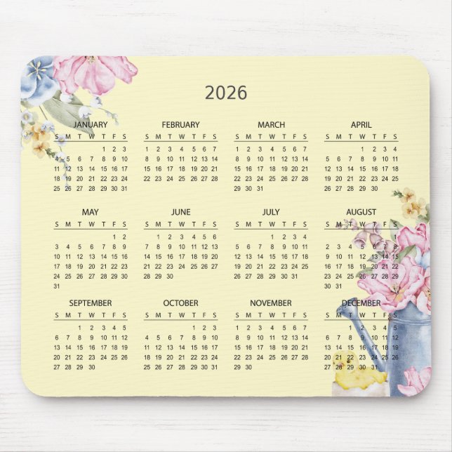 Simple Elegant Botanical 2026 Calendar | Mousepad (Front)