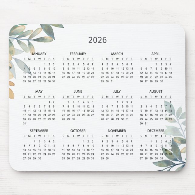 Simple Elegant Botanical 2026 Calendar | Mousepad (Front)