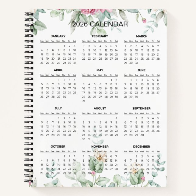Simple Elegant Botanical 2026 Calendar |  Notebook (Front)