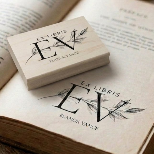Simple Elegant Botanical Ex Libris Initials Name Rubber Stamp (Creator Uploaded)