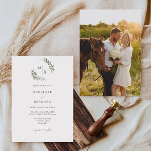 Simple Elegant Botanical Monogram Wedding Photo Invitation