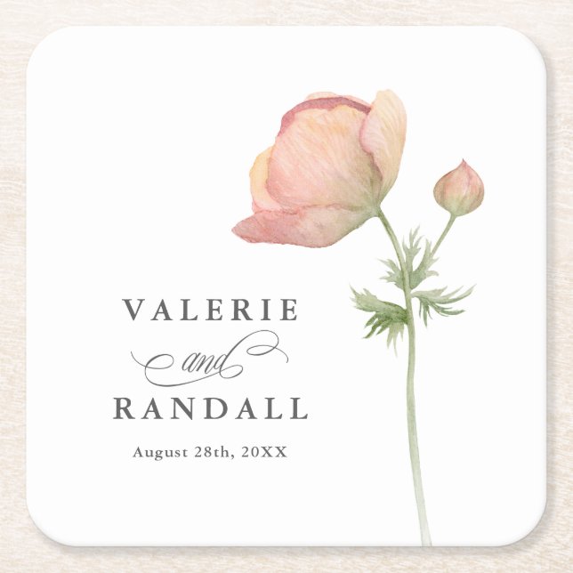Simple Elegant Botanical Wedding Square Paper Coaster (Front)