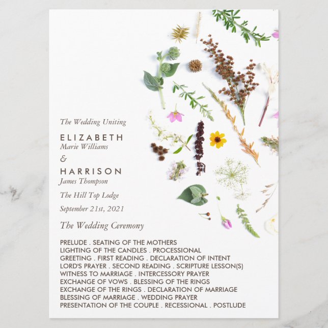 Simple Elegant Botanical Wild Flower Wedding Programme (Front)