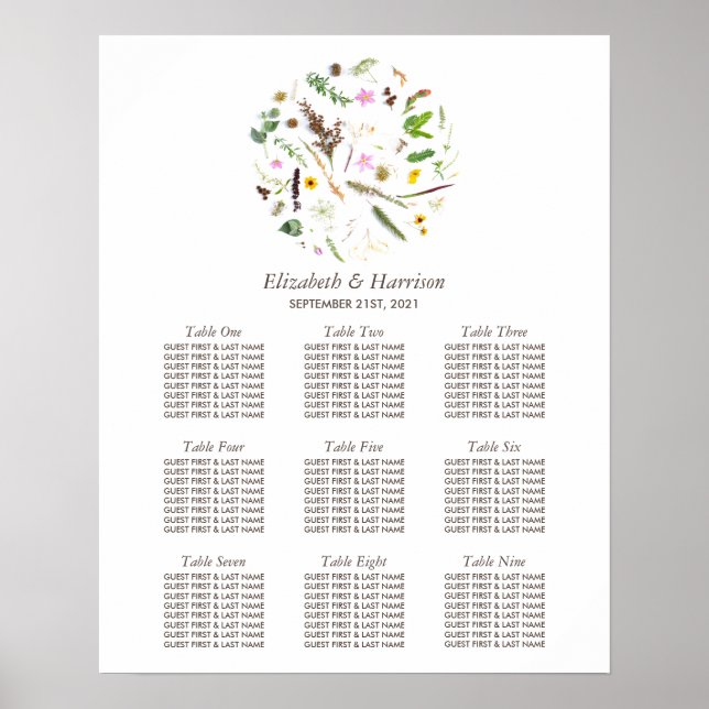 Simple Elegant Botanical Wild Flower Wedding Seat Poster (Front)