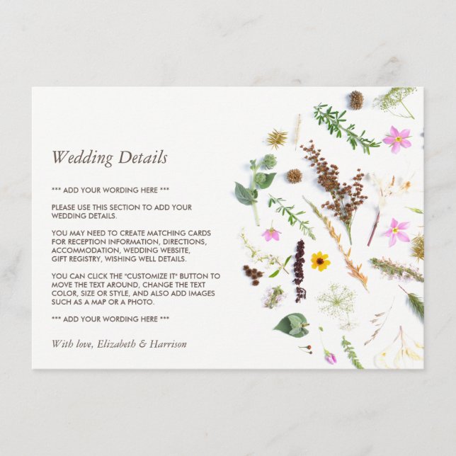 Simple Elegant Botanical WildFlower Wedding Detail Enclosure Card (Front)