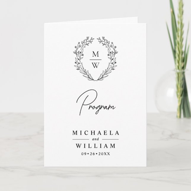 Simple Elegant Botanical Wreath Monogram Wedding Programme (Front)