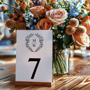 Simple Elegant Botanical Wreath Monogram Wedding Table Number
