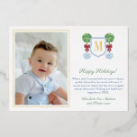 Simple Elegant Boxwood Monogram Photo Green Gold<br><div class="desc">Preppy Happy Holidays photo card design featuring a Boxwood topiary tree with red bow, in a blue planter. In front of this is a crest shape with space for a single letter monogram. The watercolor elements were originally handpainted by me in watercolors onto 100% cotton paper before being scanned and...</div>