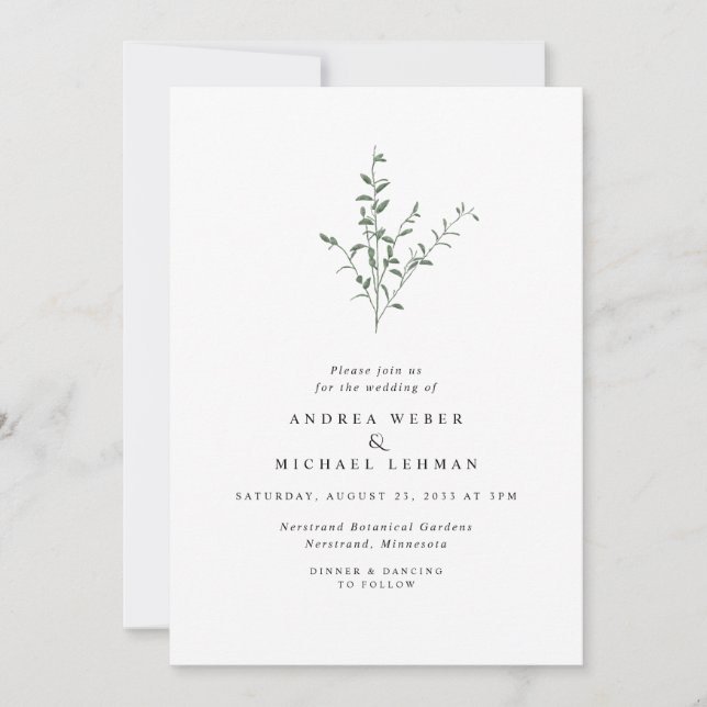 Simple Elegant Branch Leaves Botanical Wedding Invitation (Front)