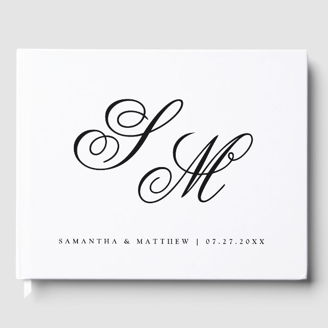 Simple Elegant Bride Groom Monogram White Wedding Guest Book (Front)
