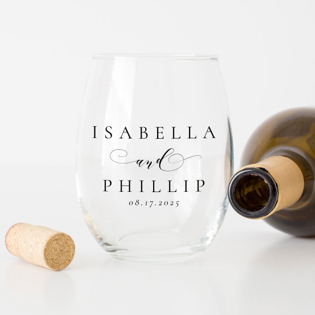 Simple elegant bride groom names newlywed wedding stemless wine glass (Creator Uploaded)