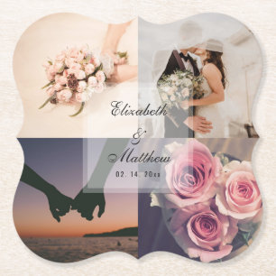 Simple Elegant Bride & Groom Photo Collage Wedding Paper Coaster