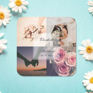 Simple Elegant Bride & Groom Photo Collage Wedding Square Sticker