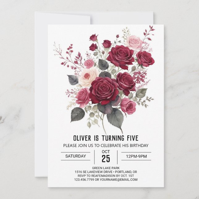 Simple Elegant Burgundy Floral Birthday Invitation (Front)