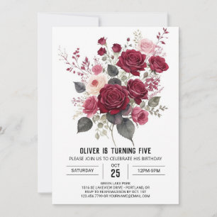 Simple Elegant Burgundy Floral Birthday Invitation