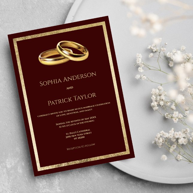 Simple elegant burgundy gold rings Wedding  Invitation (Simple elegant burgundy gold rings Wedding )