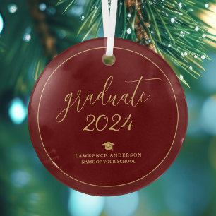 Simple Elegant Burgundy Graduate 2024 Graduation Glass Tree Decoration