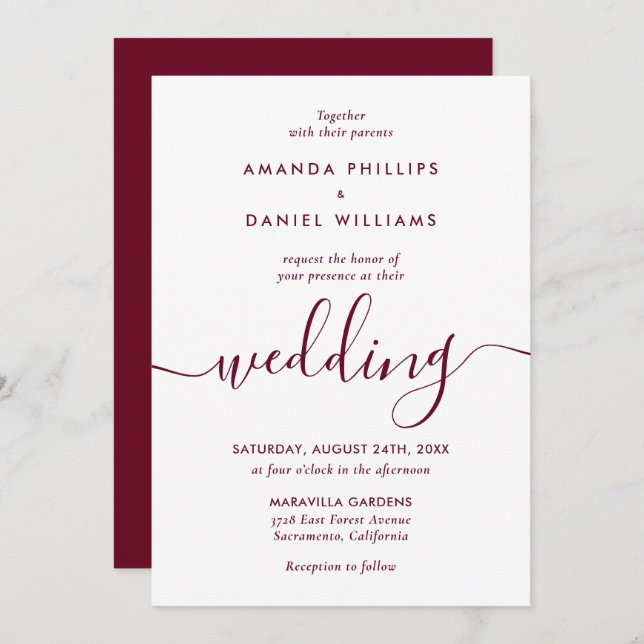 Simple Elegant Burgundy Modern Script Wedding Invitation (Front/Back)