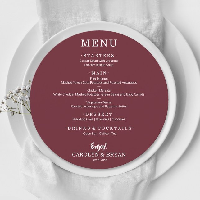 Simple Elegant Burgundy Round Wedding Dinner Menu (Creator Uploaded)
