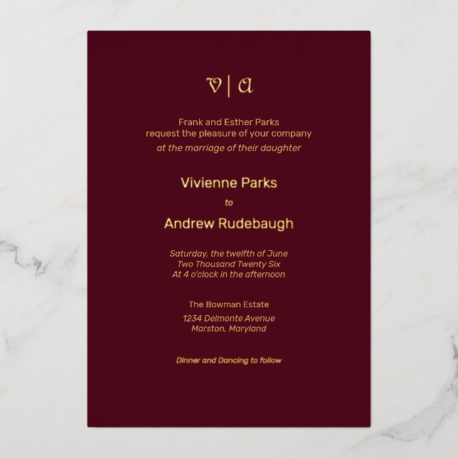 Simple Elegant  Burgundy Touch of Foil Invitation (Front)