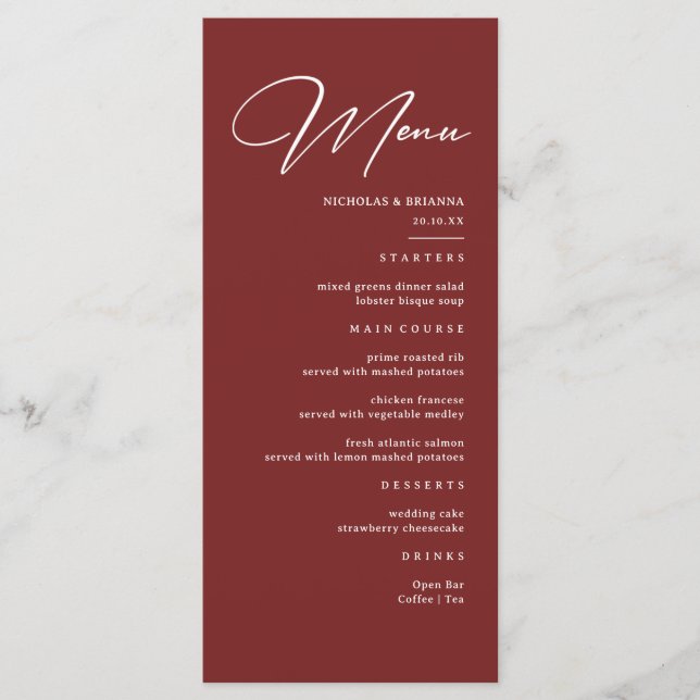 Simple Elegant Burgundy Wedding  Menu (Front)