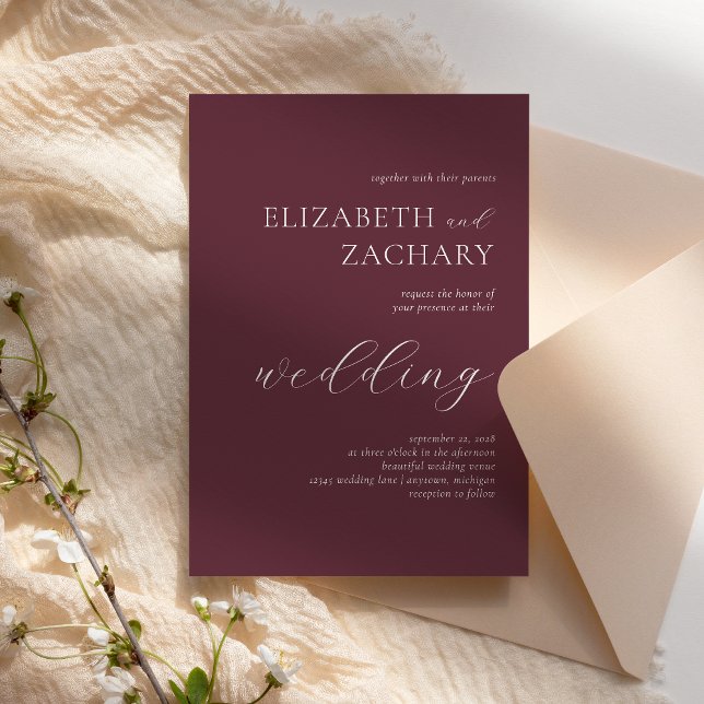 Simple Elegant Burgundy White Script Wedding Invitation (Creator Uploaded)