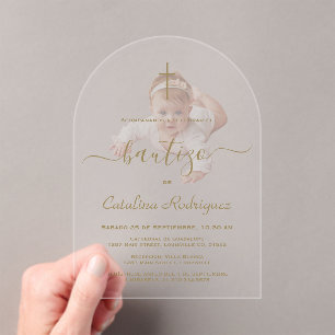Simple Elegant Calligraphy Baby Photo Baptism  Acrylic Invitations